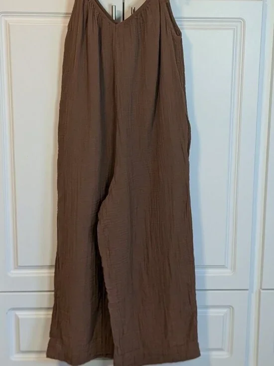 Old Navy Crinkle Gauze Tie Shoulder Jumpsuit Romper Brown Relaxed Wide Leg Boho - Picture 5 of 12